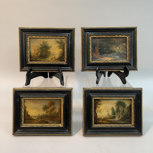 2 - A set of four miniature landscapes with figures, painted on paper laid on to panel, unsigned, 10.5cm... 