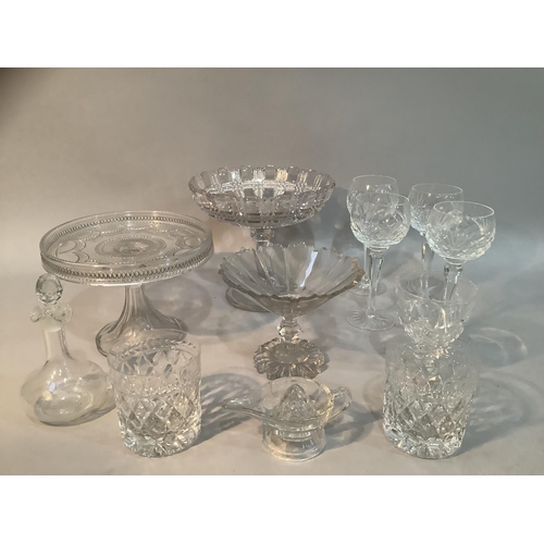 115 - A Victorian moulded glass comport and tazza, a cut glass fluted bon-bon dish, oil bottle, glass lemo... 