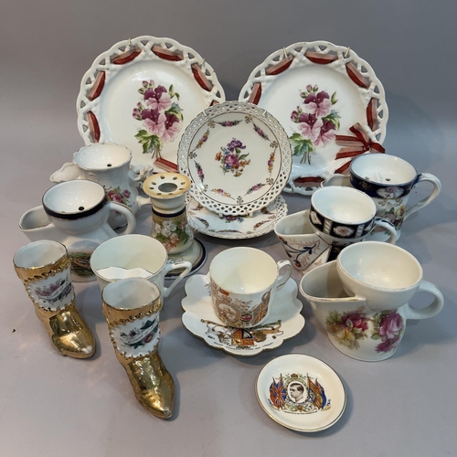 95 - A collection of shaving and moustache cups, royal commemorative ware and ribbon plates