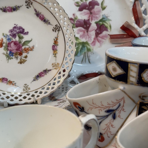 95 - A collection of shaving and moustache cups, royal commemorative ware and ribbon plates