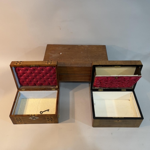 226 - Two satinwood inlaid box work boxes, one inlaid with mother of pearl and abalone, a mahogany writing... 