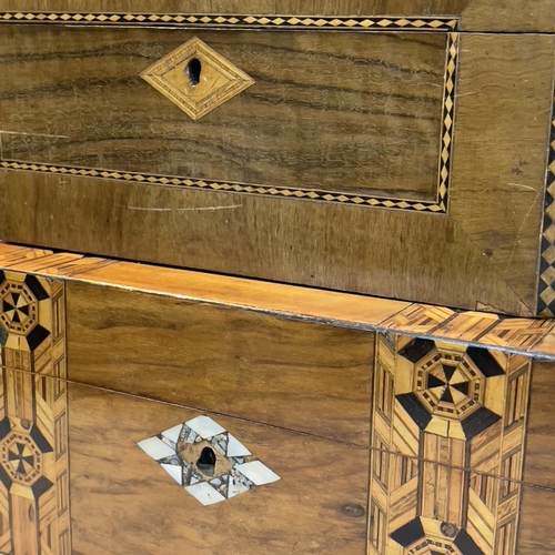 226 - Two satinwood inlaid box work boxes, one inlaid with mother of pearl and abalone, a mahogany writing... 