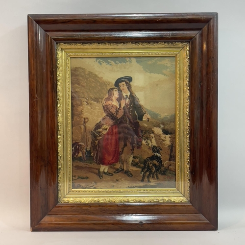 4 - A Crossley mosaic panel depicting Robbie Burns and Highland Mary within a gilt slip and rosewood fra... 