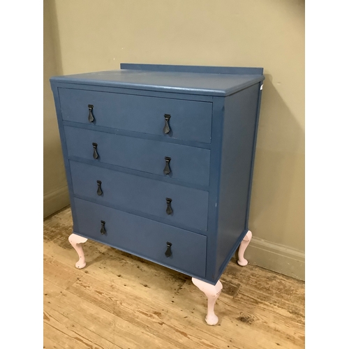 88 - A mid century chest of four drawers on cabriole legs, painted blue and pink, 76cm wide