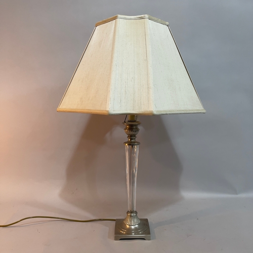 86 - A pewter-coloured metal and fluted glass, column table lamp on square base, 79cm high overall