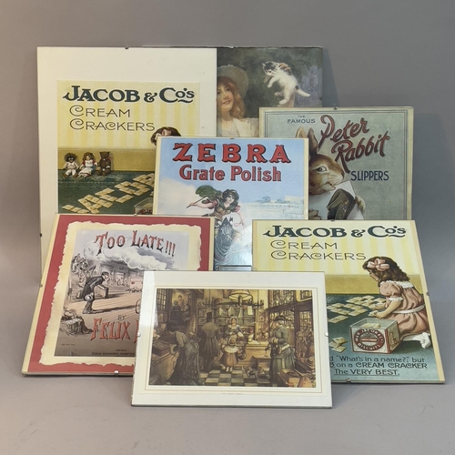 152 - A collection of 6 reproductions of vintage adverts including Zebra grate polish, Jacobs and Co, Pete... 