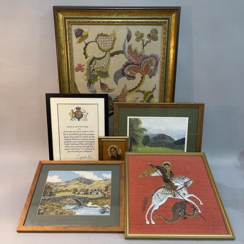 158 - A quantity of needlework, prints, paintings and frames