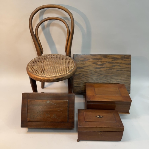 140 - A child's bentwood and cane chair together with two oak boxes and two mahogany boxes