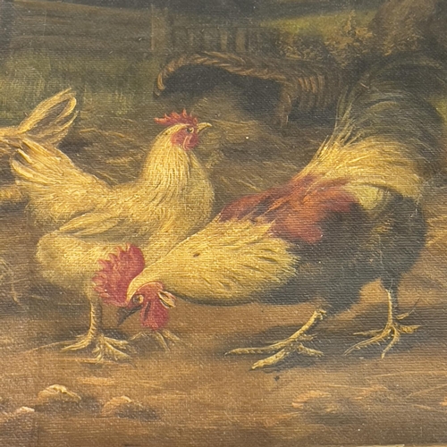 142 - Cockerel and hens, oil on canvas unsigned, 19cm x 24.5cm, together with a 19th Century hand tinted l... 