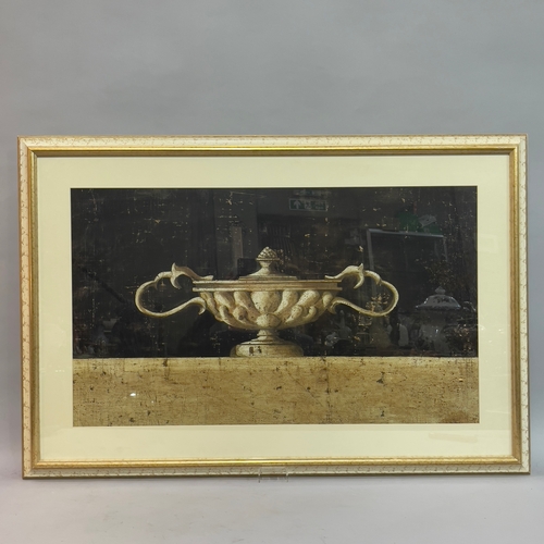 149 - Decorative print, classical urn on a stone ledge, cream and gilt frame, 75cm x 112cm with frame