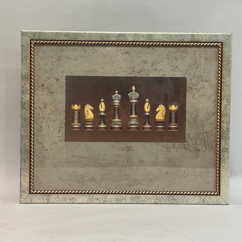 258 - Chess pieces, colour print after J. Wiens, pewter coloured frame, 46cm x 56cm with frame