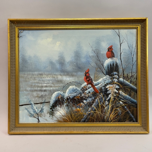 259 - Glyn, 20/21st Century, A pair of Northern Cardinals in a winter landscape, oil on canvas, signed, 39... 