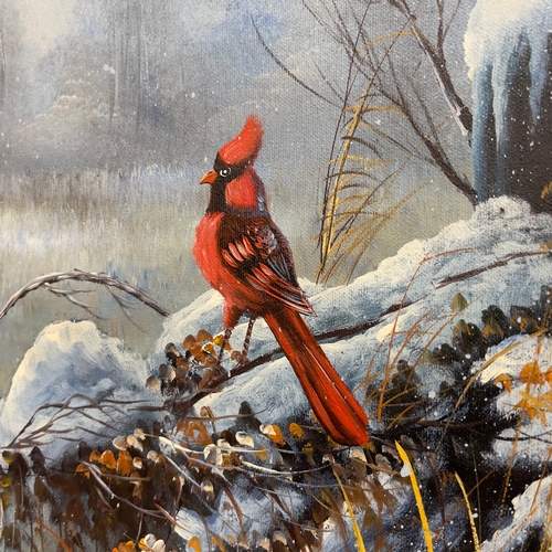 259 - Glyn, 20/21st Century, A pair of Northern Cardinals in a winter landscape, oil on canvas, signed, 39... 