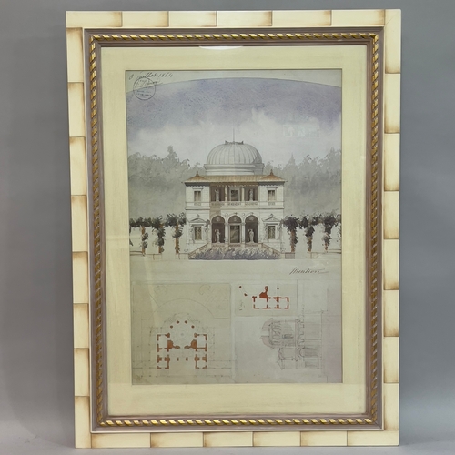 261 - Decorative French architectural study, colour print, cream and gilt frame, 105cm x 80cm with frame