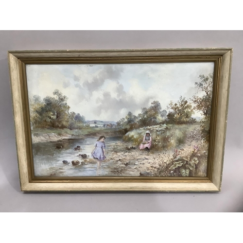 266 - Scott, late 19th/early 20th century, River landscape with young girl padding in the shallows, anothe... 