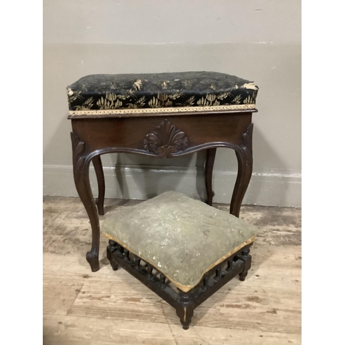 282 - A mahogany piano stool with carved apron on cabriole legs together witha  mahogany foot stool