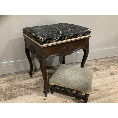 282 - A mahogany piano stool with carved apron on cabriole legs together witha  mahogany foot stool