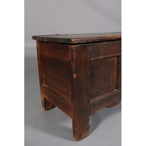 231 - AN EARLY 18TH CENTURY OAK JOINED CHEST, having a planked top above a triple indented panel front, pl... 