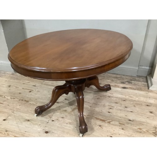 272 - A mahogany Victorian oval topped Looe table on carved baluster support on four carved legs with cast... 