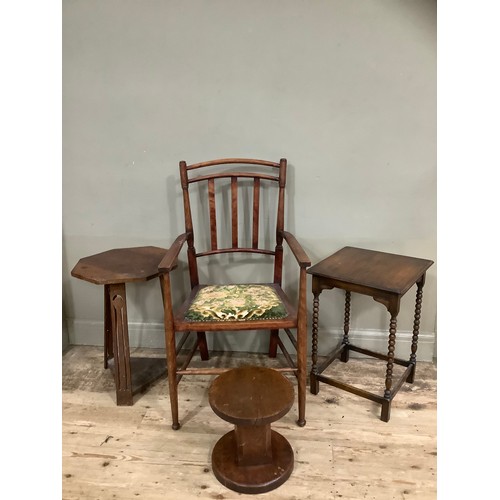 69 - A mahogany open armchair with upholstered seat, an oak stool, a side table on bobbin legs and an Art... 