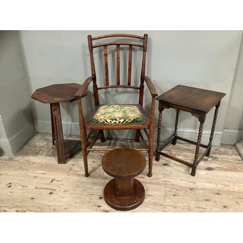 69 - A mahogany open armchair with upholstered seat, an oak stool, a side table on bobbin legs and an Art... 