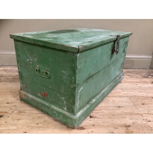 77 - A green painted pine lodging box with metal clasp, 6p to the side