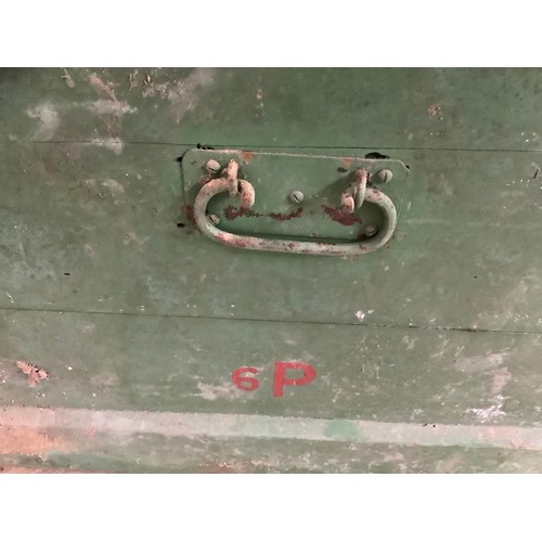 77 - A green painted pine lodging box with metal clasp, 6p to the side