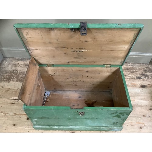 77 - A green painted pine lodging box with metal clasp, 6p to the side