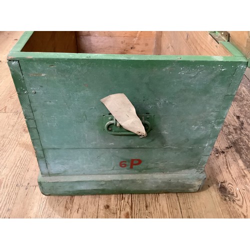 77 - A green painted pine lodging box with metal clasp, 6p to the side