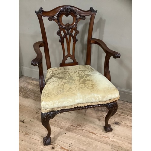 270 - A mahogany Chippendale style carver chair with pierced back, scroll arms and carved cabriole legs on... 