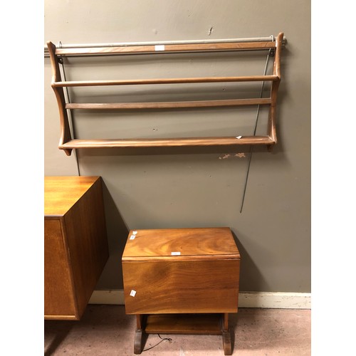 72 - Wall mounted Ercol plate rack 97cm and a mid century drop leaf side table,