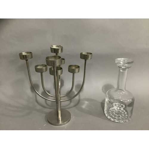 24 - A retro nine armed chrome candelabra together with a modern decanter