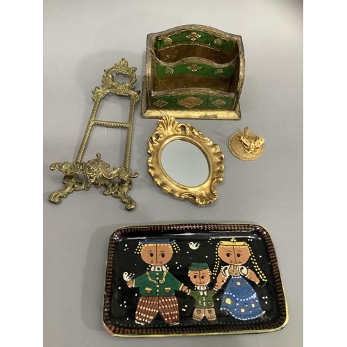 108 - A gilt small picture easel, a small gilt oval mirror, a gilt pen holder with a small insect, a lacqu... 