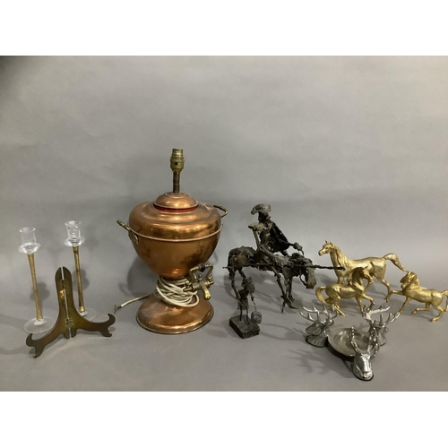 69 - A copper tea urn converted to a lamp, two wire work figures of Don Quixote, a candle holder formed o... 