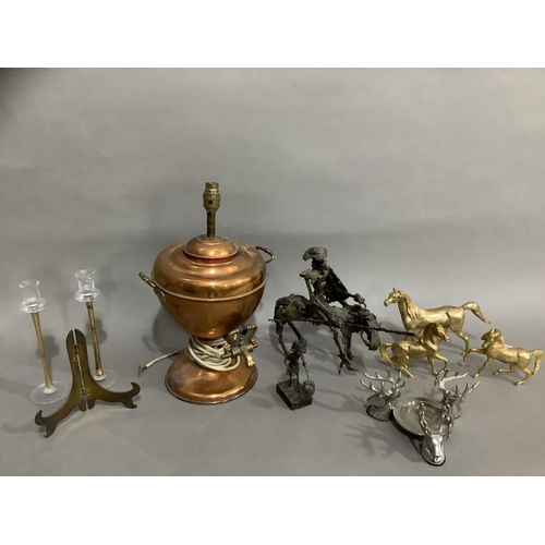 69 - A copper tea urn converted to a lamp, two wire work figures of Don Quixote, a candle holder formed o... 