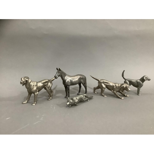 99 - A silver plated hunting group of horse, a small hunting dog, two further hunting dogs and a fox