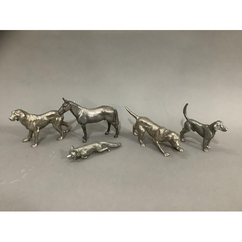 99 - A silver plated hunting group of horse, a small hunting dog, two further hunting dogs and a fox