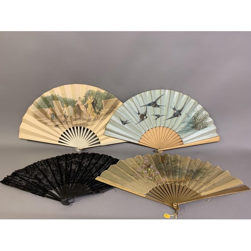 22 - Four late 19th century fans: the first quite simple, French, wood monture,
 The paper leaf inscribed... 