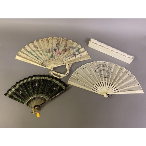 37 - An Art Nouveau fan, the monture of bone, shaped and gilded, the silk leaf painted with a lady in a s... 