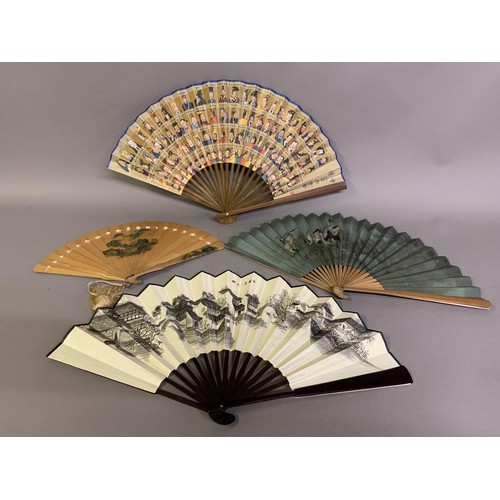 119 - Four oriental fans: a 19th century Japanese wood brisé the 18 inner sticks and two guards with round... 