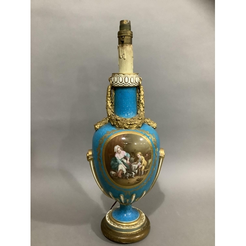 5 - A French Sevres style vase converted to a lamp, the ovoid body painted with a mother and child in ki... 