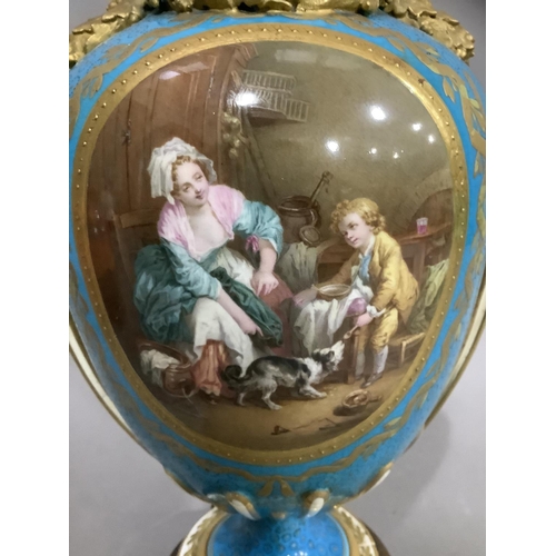 5 - A French Sevres style vase converted to a lamp, the ovoid body painted with a mother and child in ki... 