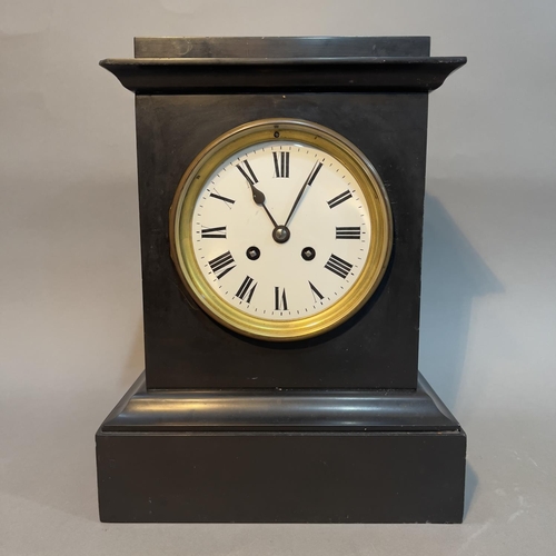 128 - A French 19th century slate mantel clock, eight day movement, with dial with Roman numerals, with da... 