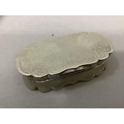 14 - A Victorian white base metal serpentine snuff box, with engraved lid, 7cm wide