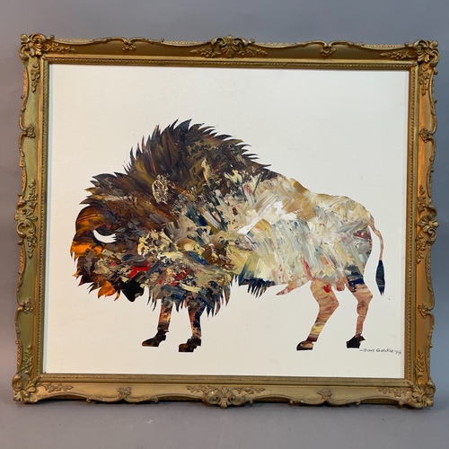 133 - Dom Goldie, Bison, oil and mixed media, signed and dated 79 to bottom right, in gilt frame, 45cm x 5... 