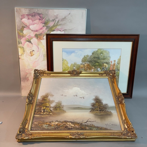 157 - H. Carrez, Mallard flying over a lake, oil on canvas in gilt frame, signed to lower right 49.5cm x 5... 