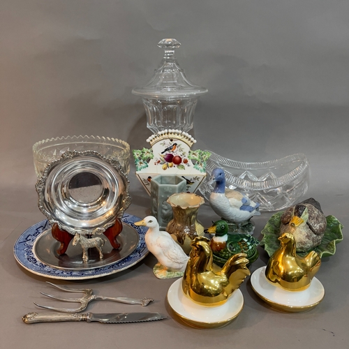 71 - Glass moulded bonbon dish and cover, two cut glass bowls, a 19th century blue and white plate, two c... 