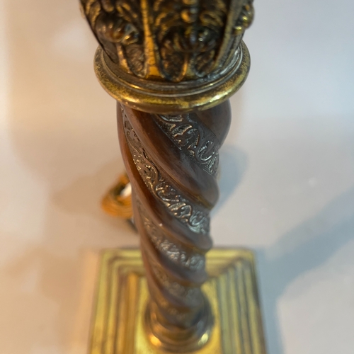 154 - A brass table lamp having a Corinthian topped turned column on stepped base, with shade 35cm high