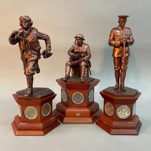 30 - Three figures of THE BRAVE BRITISH TOMMY from the Danbury Mint, bronzed sculptures on a wooden plint... 