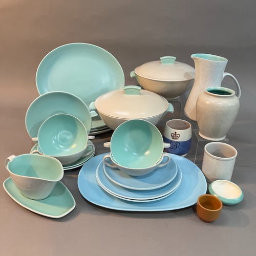 86 - A collection of Poole pottery tableware in grey and blue